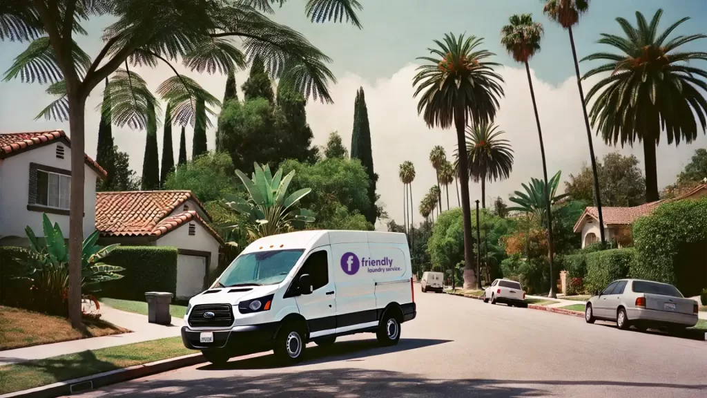 White van with the Friendly Laundry Service logo on the side parked in a residential neighborhood making laundry pickups and deliveries.