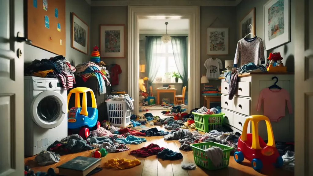 A messy kids room with dirty laundry all over the floor.