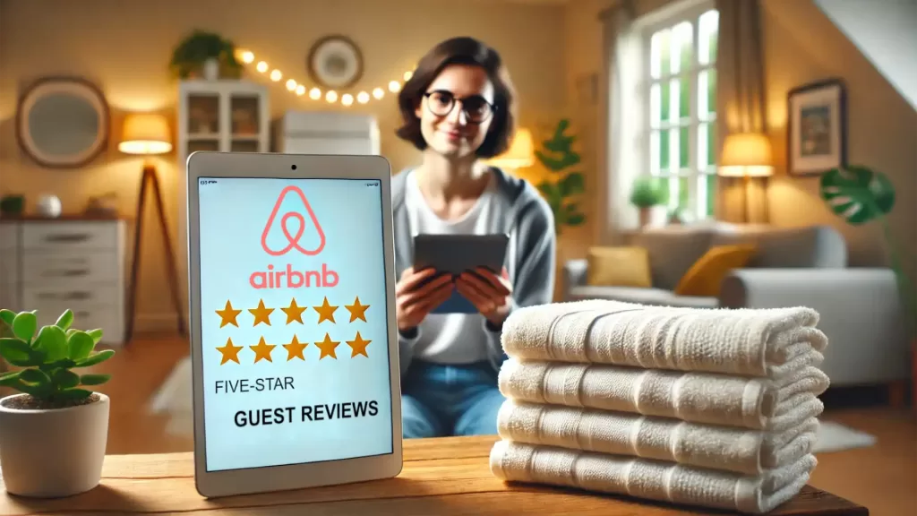 Airbnb host with their clean linens, ensuring another 5-star rating from guests.