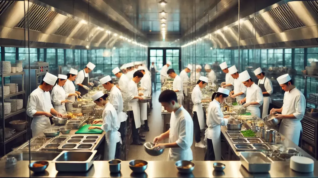 A modern kitchen in a busy restaurant with a number of chefs in white uniforms preparing orders.