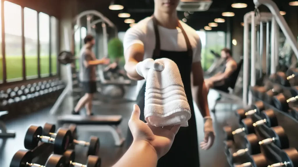 A gym attendant handing a customer a towel.