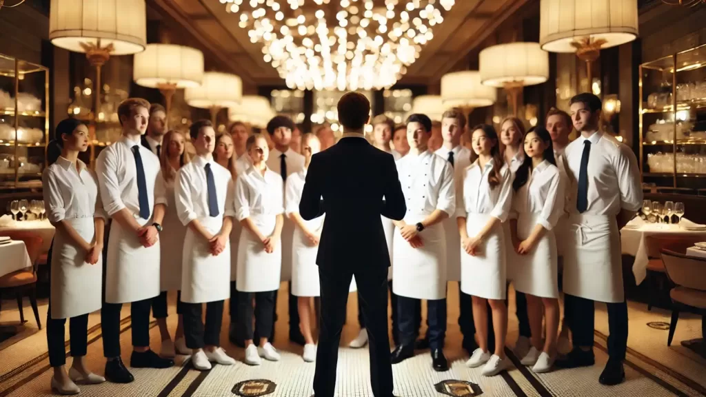 A restaurant manager instructing staff in their clean uniforms before their dinner service.