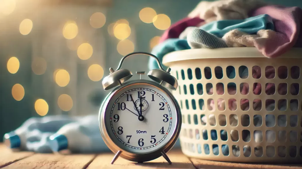 A clock with dirty laundry, representing how much time you could save using a laundry service.
