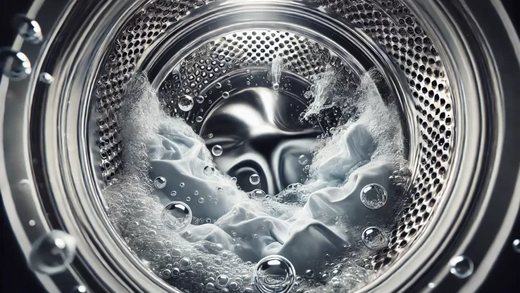 A close up of an eco-friendly washing machine with environmentally friendly detergent cleaning white clothes.