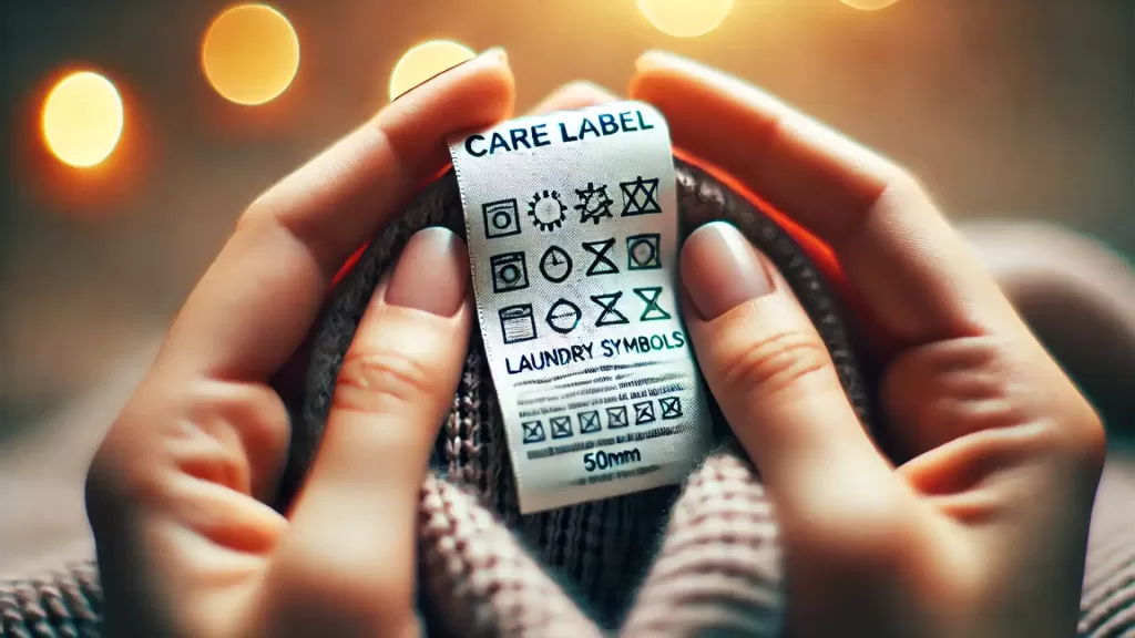 Women's hands holding a sweater, looking at the laundry care label.