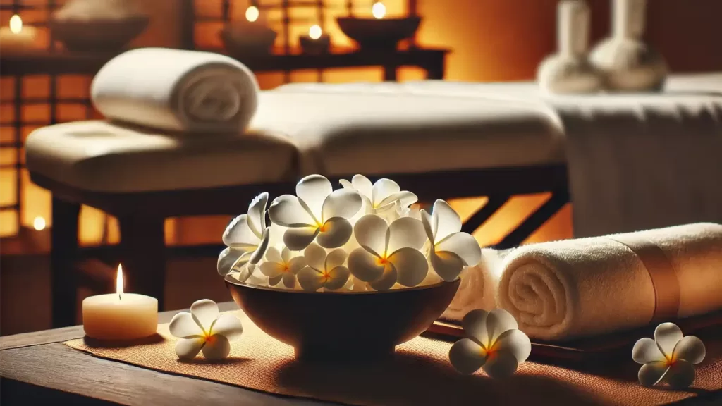 rolled spa towels sitting on a massage table with candles and flowers.