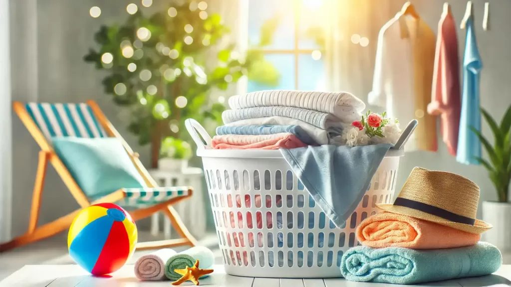 Clean clothes and towels next to a beach chair, toys, and and sun hat.