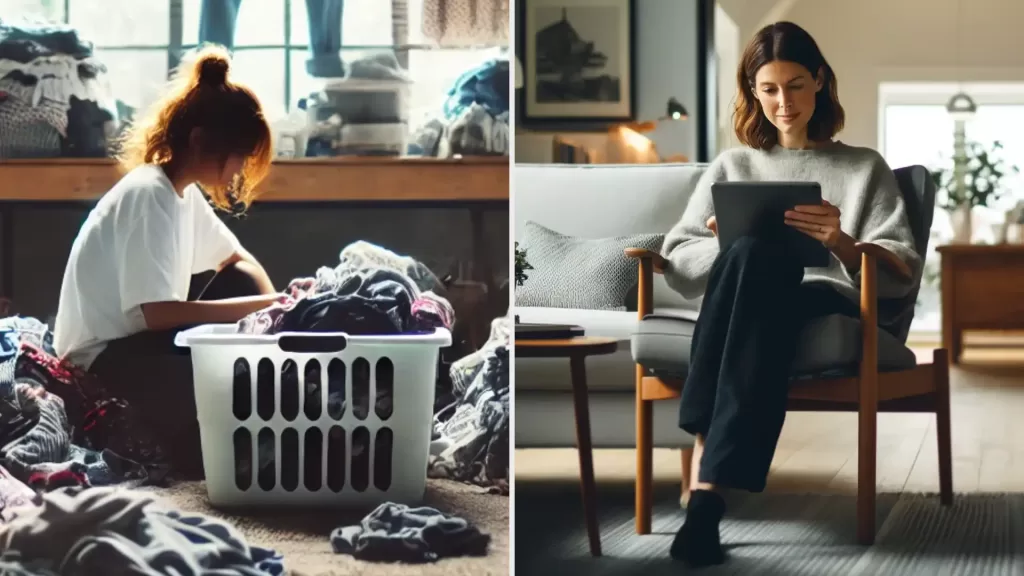 Two images showing how a laundry service can be a time-saving and can maximize productivity for you.