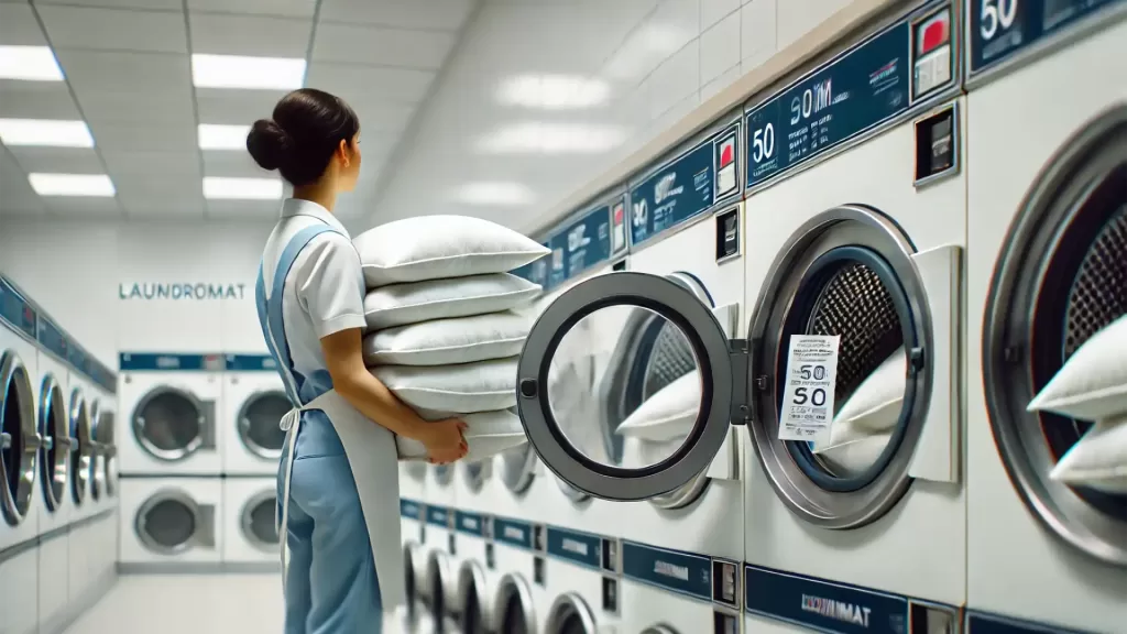 A laundromat attendant drying pillows, something to not wash at home.